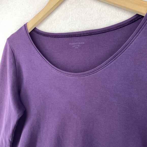 EILEEN FISHER Top M Organic Cotton Interlock Jersey Scoop Neck 3/4 Sleeve Purple - Picture 2 of 11